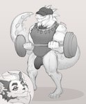anthro aroused barazoku big_tail bulge clothing duo exercise exhibitionism fangs hat headgear headwear jockstrap male scales stare tail teeth underwear workout tonkotsu_spicy_noodle alligator alligatorid canid canine canis crocodilian domestic_dog husky mammal nordic_sled_dog reptile scalie spitz absurd_res hi_res