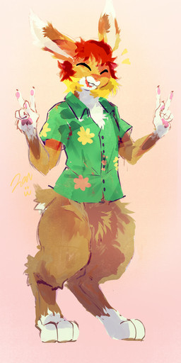 ambiguous_gender anthro bottomless bottomless_ambiguous bottomless_anthro brown_body brown_fur clothed clothing digitigrade fur gesture hair hand_gesture multicolored_body pawpads red_hair shirt shirt_collar t-shirt thick_thighs topwear v_sign victory_pose white_body white_fur zanthu lagomorph leporid mammal rabbit hi_res