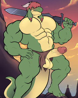 2_horns 5_fingers 5_toes abs anthro balls barazoku beard belt biceps big_balls big_muscles big_pecs big_penis biped black_hair blush bottomwear bottomwear_aside brown_bottomwear brown_clothing brown_loincloth claws clothed clothing clothing_aside cloud dragon_tail emanata embarrassed erection evening facial_hair feet finger_claws fingers flash_emanata floppy_ears foreskin frown genitals glans green_body green_scales hair hair_over_eyes hand_on_hip hand_on_own_hip holding_melee_weapon holding_object holding_sword holding_weapon horn huge_muscles huge_pecs humanoid_feet humanoid_hands ineffective_clothing ineffective_loincloth loincloth loincloth_aside loincloth_only male male_anthro manly melee_weapon mountain multicolored_body multicolored_hair muscular muscular_anthro muscular_arms muscular_legs muscular_male muscular_thighs navel non-mammal_balls non-mammal_ears non-mammal_foreskin non-mammal_hair non-mammal_navel outside pecs penis pink_glans plantigrade pose red_hair retracted_foreskin saggy_balls scales shocked short_hair sky solo sword sword_on_shoulder tail teeth text toe_claws toes topless two_tone_body two_tone_hair vein veiny_muscles veiny_penis warrior weapon weapon_on_shoulder white_claws white_horn yellow_body mango_juicebara european_mythology mythology valda_(sins_and_virtues) dragon mythological_creature mythological_scalie scalie western_dragon wingless_dragon 2025 4:5 absurd_res colored colored_line_art digital_drawing_(artwork) digital_media_(artwork) flat_colors full-length_portrait hi_res pinup portrait smaller_version_at_source