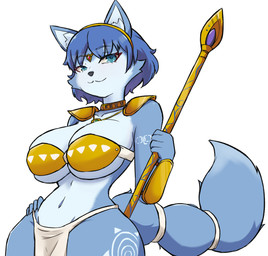 accessory anthro bandeau big_breasts blue_body blue_fur blue_hair bottomwear breasts choker circlet clothing collarbone eyebrow_through_hair eyebrows eyelashes female fur hair hair_accessory hairband hand_on_hip inner_ear_fluff jewelry krystal's_staff loincloth markings navel necklace shoulder_guards solo staff teal_eyes topwear translucent translucent_hair tribal tribal_markings tuft white_body white_fur wide_hips in2naps nintendo star_fox krystal_(star_fox) canid canine fox mammal 2026 absurd_res hi_res