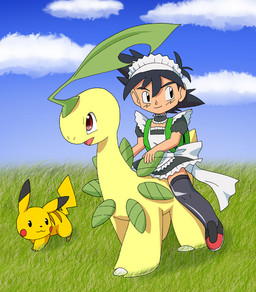 4_fingers :3 all_fours backpack beady_eyes black_hair clothed clothing cloud crossdressing detailed_background femboy feral fingers footwear fur group hair legwear looking_aside maid_uniform male outside red_eyes riding shoes smile stockings thigh_highs uniform yellow_body yellow_fur pasaran nintendo pokemon ash's_pikachu ash_ketchum pokemon_trainer bayleef generation_1_pokemon generation_2_pokemon human mammal pikachu pokemon_(species) digital_media_(artwork)