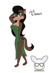 anthro big_breasts black_hair blue_eyes breasts colored_nails eyeshadow female green_eyeshadow hair kendraeevee long_hair makeup markings mole_(marking) nails solo kendratheshinyeevee a_toon_rabbit_in_a_weasels'_den venus_(kendraeevee) mammal mustelid musteline true_musteline weasel full-length_portrait hi_res portrait