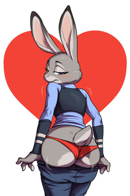4_fingers anthro biped blush bottomwear bottomwear_down butt clothed clothed_anthro clothed_female clothing countershade_face countershade_hands countershade_tail countershading dipstick_ears ear_markings eyebrows eyelashes female female_anthro fingers fur grey_body grey_fur half-closed_eyes heart_background heart_symbol iris looking_at_viewer looking_back looking_back_at_viewer motion_lines multicolored_ears narrowed_eyes panties pants pants_down partially_clothed philtrum pink_nose police police_uniform presenting presenting_hindquarters pupils rear_view red_clothing red_panties red_underwear scut_tail short_tail simple_background smile snout solo standing tail underwear undressing uniform aitchdouble disney zootopia judy_hopps lagomorph leporid mammal rabbit 2021 hi_res