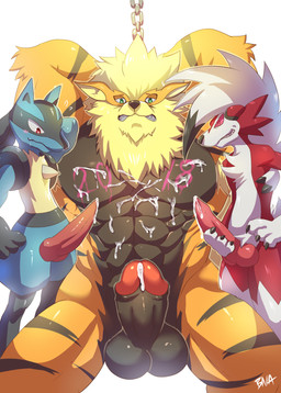 anthro anthrofied balls barazoku black_body black_fur black_nose blue_body blue_fur blush bodily_fluids bound bukkake chain chained claws cum cum_on_belly cum_on_body erection exclamation_point fur genital_fluids genitals green_eyes group knot looking_at_viewer male male/male muscular muscular_male muscular_sub orange_body orange_fur penis pink_eyes red_body red_eyes red_fur simple_background standing submissive submissive_male text white_background white_body white_fur bna_v5 nintendo pokemon arcanine generation_1_pokemon generation_4_pokemon generation_7_pokemon lucario lycanroc midnight_lycanroc pokemon_(species) 2018 hi_res