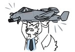 a-10 a-10_thunderbolt_ii air_creature aircraft ambiguous_gender anthro blush blush_lines canid canine canis clothing dire_aircraft dire_machine dire_vehicle duo elemental_creature eyewear face_on_object fur gatling_gun glasses grey_body gun happy hi_res holding_character iv_(ivxair3p) ivxair3p living_aircraft living_machine living_vehicle machine machine_gun male mammal metal_tongue minigun necktie open_mouth ranged_weapon simple_background suit vehicle weapon white_background white_body white_eyes white_fur wolf