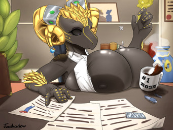 anthro beverage big_breasts boss breast_expansion breasts bursting_out_of_clothing clothed clothing coffee desk ear_piercing ear_ring expansion female furniture horn office piercing ring_piercing solo surprised table text tight_clothing yellow_horn javshadow capcom monster_hunter mythology elder_dragon kulve_taroth mythological_creature mythological_scalie scalie 4:3 absurd_res digital_media_(artwork) hi_res