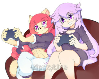 anthro braided_hair controller duo female game_controller hair holding_controller holding_object midriff purple_hair red_hair zipskyblue adult_neptune kyoko_(zipskyblue) neptune_(neptunia) felid feline human mammal 5:4