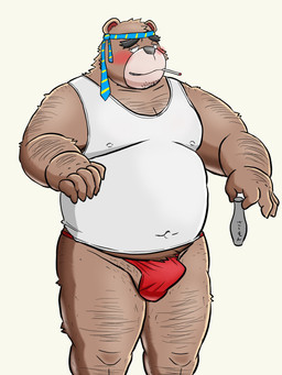alcohol anthro asian_clothing belly beverage black_nose blush brown_body brown_fur bulge clothed clothing drunk east_asian_clothing erection erection_under_clothing fundoshi fur hairy humanoid_hands japanese_clothing kemono male necktie necktie_headband overweight overweight_male red_clothing red_fundoshi red_underwear sake shirt simple_background smoking solo substance_intoxication tank_top topwear underwear white_background inunodaidokoro bear mammal 2021 3:4 hi_res