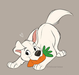 ambiguous_gender black_eyebrows black_eyes black_nose carrot carrot_in_mouth eyebrows feral food fur heart_symbol monotone_body monotone_fur paws plant quadruped simple_background smile snout solo toony vegetable white_body white_fur young felixcartoons bolt_(film) disney bolt_(bolt) canid canine canis domestic_dog herding_dog mammal pastoral_dog colored colored_sketch digital_drawing_(artwork) digital_media_(artwork) flat_colors guide_lines sketch