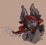 black_nose cigarette female fur furgonomics furry-specific_piercing glamfur grey_body grey_fur hair horn horn_piercing piercing red_eyes red_hair simple_background smoking solo smokeforears veryn domestic_cat felid feline felis mammal bust_portrait portrait signature source_request