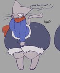 anthro big_butt black_nose blue_clothing blue_sweater blue_topwear blush blush_lines bottomwear bulge butt clothing eyelashes fangs fur grey_background grey_body grey_fur grey_tail huge_butt huge_thighs hyper hyper_butt long_tail long_whiskers male red_scarf scarf shorts simple_background solo speech_bubble sweater tail teeth teeth_showing text thick_thighs topwear whiskers white_eyes tuggg tika_(tuggg) domestic_cat felid feline felis mammal artist_name english_text signature