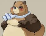 anthro belly blush brown_body brown_fur fur humanoid_hands male overweight overweight_anthro overweight_male scarf simple_background solo pomupomu490 ghibli pom_poko ponkichi canid canine mammal raccoon_dog tanuki 2019 hi_res