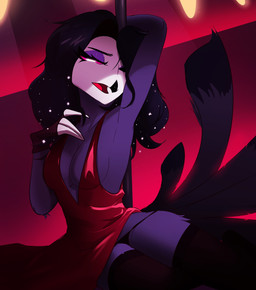 anthro beak black_clothing black_hair black_panties black_underwear breasts clothed clothing cosmic_hair dress ethereal_hair eyeshadow feathers female grey_body grey_feathers hair hair_over_eye legwear makeup one_eye_obstructed open_beak open_mouth panties panties_down partially_clothed pole purple_eyeshadow red_clothing red_dress solo stockings tail tail_feathers thigh_highs thong underwear underwear_down jesterwing hellaverse helluva_boss octavia_(helluva_boss) avian bird demon owl owl_demon absurd_res hi_res