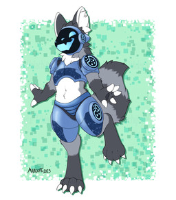 alternate_species ambiguous_gender anthro biped black_body black_markings claws clothed clothing digitigrade fingerless_(marking) front_view gloves_(marking) grey_body inner_ear_fluff leg_markings machine markings neck_tuft on_one_leg open_mouth ring_(marking) ringed_tail screen screen_face simple_background smile socks_(marking) solo standing striped_markings striped_tail stripes tail tail_markings toe_claws tuft white_markings malachyte bencoon_(character) protogen 2023 clip_studio_paint_(artwork) digital_media_(artwork) hi_res