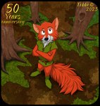 anthro belt biped black_nose brown_eyes clothed clothing crossed_arms fur green_clothing green_shirt green_topwear green_tunic looking_at_viewer male orange_body orange_fur orange_tail plant shirt solo standing tail text topwear tree tunic year fuzzyspectre disney robin_hood_(disney) robin_hood canid canine fox mammal red_fox true_fox 2023 full-length_portrait hi_res portrait