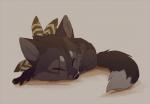 2015 azzai canid canine canis claws ear_piercing enfield eyes_closed feathers female feral fur grey_background hioshiru_(character) mammal piercing quadruped scar simple_background sleeping solo text url wolf young young_feral