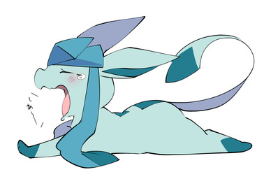 ambiguous_gender blush bodily_fluids feral lying on_front open_mouth solo tears text tired yawn azuma_minatsu nintendo pokemon eeveelution generation_4_pokemon glaceon pokemon_(species) japanese_text
