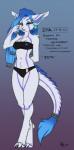 2017 accessory android anthro biped blue_body blue_fur blue_hair bra breasts chest_tuft claws clothing conditional_dnp cybernetic_attachment cybernetics cyborg digital_media_(artwork) digitigrade english_text exposure_variation eyelashes female fluff-kevlar fur furgonomics hair jewelry kleika looking_at_viewer machine mammal navel open_mouth panties paws ring robot simple_background solo standing tail tail_accessory tail_jewelry tail_ring text tuft underwear white_body white_fur zeta_(fluff-kevlar)
