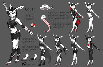 anthro antlers armor belt bikini bottomwear chest_tuft clothing crop_top ear_piercing eyebrow_piercing facial_piercing fangs female fur gauntlets gloves handwear hooves horn industrial_piercing jacket leotard lip_piercing loincloth long_tongue midriff navel navel_piercing outfit_reference outfit_sheet pawpads paws piercing pink_pawpads pink_tongue red_eyes shirt shorts snakebite_piercing solo swimwear teeth thong_straps tongue topwear tuft two-piece_swimsuit white_body white_fur corahlope mythology the_world_below corah jackalope lagomorph mammal absurd_res hi_res model_sheet