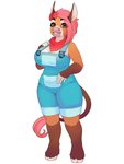 3:4 accessory anthro asinus big_breasts breasts brown_body brown_fur clothing curvy_figure donkey equid equine female fur hair hair_accessory hair_ribbon hi_res kerchief mammal neckerchief overalls pink_hair ribbons smile solo standing voluptuous x-teeth-x