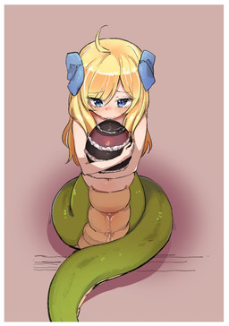 accessory apode bare_shoulders blonde_hair blue_bow blue_eyes blush bodily_fluids border bow_(feature) bow_accessory bow_ribbon clothed clothing egg female genital_fluids green_body green_scales hair hair_accessory hair_bow hair_ribbon holding_egg holding_object legless long_hair monster_girl_(genre) navel ribbons scales serpentine simple_background solo split_form topless vaginal_fluids white_border aomushi_(artist) dropkick_on_my_devil! jashin-chan draconcopode humanoid lamia reptile scalie snake hi_res