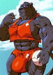 2020 5_fingers abs anthro ball balls balls_outline barely_visible_balls barely_visible_genitalia big_bulge big_muscles black_body black_claws black_fur black_nose bulge claws clothing detailed_bulge eyes_closed eyewear felid fingers fur gage_the_panther genital_outline genitals huge_bulge humanoid_hands lifeguard male mammal markings melanistic muscular muscular_anthro muscular_male pantherine penis_outline shirt smile solo spots spotted_body spotted_fur standing sunglasses swimming_trunks swimwear tank_top taoren topwear vein veiny_muscles volleyball_(ball) whistle_(object)