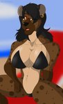 anthro beach bikini black_hair breasts brown_body brown_fur clothed clothing ear_piercing ear_ring eyewear female fur glasses hair long_hair looking_at_viewer navel open_mouth piercing ring_piercing seaside simple_background sitting solo swimwear two-piece_swimsuit klr-rio radi_(klr-rio) hyena mammal spotted_hyena digital_media_(artwork) hi_res