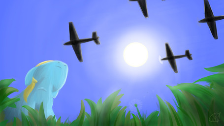 aircraft airplane ambiguous_gender grass hair low-angle_view plant sky solo sun vehicle worm's-eye_view wan1357 hasbro my_little_pony fan_character earth_pony equid equine horse mammal pony 16:9 2014 4k absurd_res hi_res signature widescreen
