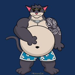 3_fingers 3_toes anthro areola arm_tattoo barefoot belly belly_rub belly_slap big_belly black_body black_fur black_hair blue_bottomwear blue_clothing blue_swimming_trunks blue_swimwear bottomwear clothed clothing dot_eyes ear_piercing ear_ring eyebrow_piercing eyewear facial_piercing feet fingers floral_pattern fur hair huge_belly hungry male male_anthro mouth_closed muscular muscular_anthro muscular_male navel neck_chain nipples obese obese_anthro obese_male overweight overweight_anthro overweight_male pecs piercing ring_piercing short_hair simple_background simple_eyes slap slapping_own_belly slapping_self solo standing sunglasses swimming_trunks swimwear tail tattoo toes topless topless_anthro topless_male transparent_background kotarocat_(artist) kotarocat felid feline mammal 1:1 2d_animation alpha_channel animated animation_meme hi_res meme