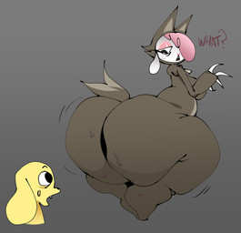 anthro big_butt black_eyes black_nose bodily_fluids breasts butt claws clothing costume dialogue duo fake_claws fangs female fur grey_background hair huge_butt hyper hyper_butt looking_at_another looking_back male male/female pink_hair pink_nose question question_mark rear_view sharp_teeth simple_background standing surprised sweat teeth text thick_thighs three-quarter_view white_body white_ears white_fur white_wool wolf_costume wool_(fur) yellow_body yellow_ears yellow_fur zipper nitarustarium chikn_nuggit chikn_nuggit_(chikn_nuggit) cofi_(chikn_nuggit) bovid canid canine canis caprine domestic_dog mammal sheep 2025 digital_media_(artwork) english_text