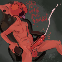 anthro big_penis bodily_fluids chair cum cumshot ear_piercing ejaculation erection fap_(sound_effect) foreskin furniture gaming_chair gauged_ear genital_fluids genitals glans glistening glistening_genitalia glistening_glans glistening_penis grey_background gripping_chair hairless heart_eyes heart_symbol intense_orgasm male masturbation motion_lines nipples nude office_chair on_chair onomatopoeia open_mouth penis piercing pink_body pink_skin profanity retracted_balls retracted_foreskin sharp_teeth simple_background sitting sitting_on_chair skinny_male solo sound_effects teeth text tongue tongue_out big-fig julius_(big-fig) domestic_cat felid feline felis hairless_cat mammal english_text hi_res signature