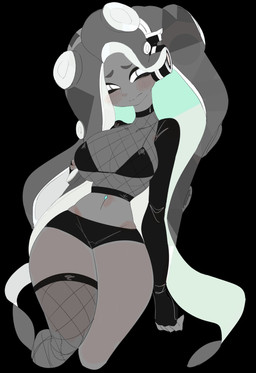 big_breasts black_background blush bra breasts clothing crop_top electronics female fishnet_clothing fishnet_legwear fishnet_topwear headphones legwear navel navel_piercing not_furry piercing pseudo_hair shirt simple_background solo tentacle_hair tentacles topwear underwear usa37107692 nintendo splatoon marina_(splatoon) aquatic cephalopod humanoid mollusk octarian octoling greyscale hi_res monochrome