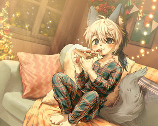 4_fingers 4_toes anthro arms_bent bangs barefoot bedding bent_legs big_eyes black_eyebrows blanket blush blush_lines blush_stickers bottomwear chest_tuft christmas_decorations christmas_lights christmas_tree claws clothed clothed_anthro clothed_male clothing curtains dutch_angle eating eating_food eyebrow_through_hair eyebrows feet finger_claws fingerpads fingers fluffy fluffy_tail food front_view fully_clothed fully_clothed_anthro fully_clothed_male fur furniture green_bottomwear green_clothing green_pants green_shirt green_topwear grey_ears grey_eyes grey_hair grey_nose grey_tail hair hair_between_eyes handpaw holding_food holding_object holidays inner_ear_fluff iris kemono knees_pulled_up light long_tail male male_anthro medium_hair multicolored_clothing multicolored_hair multicolored_pants multicolored_shirt multicolored_topwear on_sofa pajama_pants pajama_shirt pajamas pants pattern_bottomwear pattern_clothing pattern_pajamas pattern_pants pattern_shirt pattern_topwear pawpads paws pillow pink_pawpads pizza pizza_slice plaid plaid_bottomwear plaid_clothing plaid_pants plaid_shirt plaid_topwear plant plantigrade pointy_ears pupils red_bottomwear red_clothing red_pants red_shirt red_topwear shirt sitting sitting_on_sofa slim slim_anthro slim_male sofa solo tail toe_claws toes topwear translucent translucent_hair tree tuft two_tone_hair wall_(structure) white_body white_claws white_fur white_hair white_inner_ear_fluff white_sclera white_tuft window wreath yellow_bottomwear yellow_clothing yellow_pants yellow_shirt yellow_topwear young young_anthro young_male angrygentoo christmas canid canine mammal 5:4 full-length_portrait hi_res lighting portrait shaded