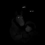 1:1 black_and_white canid canine canis clothed clothing comic creepy dark dialogue domestic_dog duo equid equine eyes_closed female front_view hi_res hladilnik horse light_nose male mammal michelle_(hladilnik) monochrome night snout text will_(hladilnik) wishbone_mouth zebra