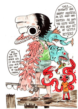 1_eye big_head clothed clothing duo male mutated pincers simple_background speech_bubble teeth tentacles text scribbltyhibblty regardless_family_fiends clive_(rff) unnamed_son_(rff) animal_humanoid aquatic aquatic_humanoid fish fish_humanoid humanoid mutant_humanoid absurd_res english_text hi_res