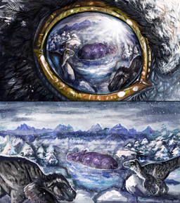 ambiguous_gender biped bipedal_feral brown_eyes claws cloud cloudy_sky detailed_background digitigrade eye_reflection feathered_wings feathers feral glistening glistening_eyes grey_body grey_feathers group hot_spring mountain outside plant realistic reflection sky snout snow text toe_claws tree water wings yellow_eyes emily_stepp primitive_war dinosaur dromaeosaurid feathered_dinosaur feathered_scalie mammal prehistoric_species reptile rhinoceros saurischian scalie theropod utahraptor 2025 absurd_res detailed english_text hi_res