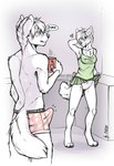 anthro beverage blue_eyes blush bottomless bottomwear boxers_(clothing) breasts bulge chest_tuft clothed clothing clothing_lift coffee digitigrade duo erection erection_under_clothing eye_contact female fur genitals grin hair heart_boxers heart_clothing heart_pattern heart_pattern_underwear heart_symbol heart_underwear holding_object inside looking_at_another male nightgown nipple_outline nipples no_underwear pattern_clothing pattern_underwear penis pussy skirt skirt_lift small_breasts smile standing teasing tenting text thought_bubble topless tuft underwear white_body white_fur white_hair f-r95 era_heartwood veil_heartwood canid canine canis mammal wolf 2015 digital_media_(artwork) hi_res brother_(lore) brother_and_sister_(lore) incest_(lore) sibling_(lore) sister_(lore) twins_(lore)