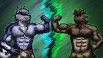 anthro black_body black_fur blue_body blue_fur duo flexing fur grey_body grey_fur horn male male/male muscular muscular_male chazthewolf lifewonders tokyo_afterschool_summoners taz_(chazthewolf) tindalos_(tas) canid canine canis demon hyena mammal wolf 16:9 2024 hi_res widescreen