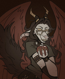 anthro apple eyewear feathered_wings feathers food fruit glasses glasses_chain horn male plant solo teeth tooth_gap wings vaxhunt mythology canid canid_demon canine demon hellhound mammal mythological_canine mythological_creature hi_res