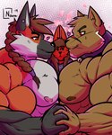 2019 5:6 abs absurd_res anthro areola biceps big_muscles biped brown_body brown_fur brown_hair canid canine digital_drawing_(artwork) digital_media_(artwork) domestic_cat felid feline felis fox fur greggrth_(character) group hair heart_symbol hi_res kissing male mammal muscular muscular_anthro muscular_male nipples novra novra_(artist) orange_body orange_fur pecs red_eyes simple_background trio zev_(nuclear_fusion)