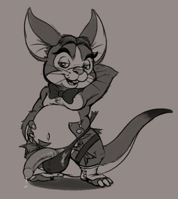 belly big_belly big_penis bodily_fluids bow_(feature) bow_tie bulge genital_fluids genitals male navel open_mouth penis precum slightly_chubby solo spats stripper emenius wildstar chua mammal rodent digital_drawing_(artwork) digital_media_(artwork) hi_res
