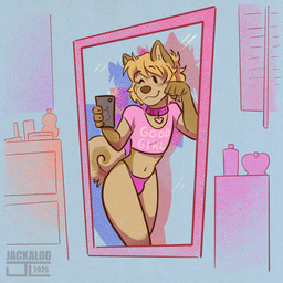 ambiguous_gender anthro black_dot_eyes blinds blonde_hair cellphone clothed clothing collar collar_tag crop_top crossdressing curled_tail dresser electronics fur furniture good_girl hair heart_collar_tag holding_cellphone holding_object holding_phone inside logo mirror mirror_reflection mirror_selfie navel one_eye_closed panties pantsless paw_pose phone pink_clothing pink_collar pink_crop_top pink_panties pink_shirt pink_topwear pink_underwear pose reflection selfie shirt smartphone solo tail taking_picture taking_selfie tan_body tan_fur text text_on_crop_top topwear underwear wink jackaloo river_lakes canid canine canis domestic_dog mammal 1:1 2025 artist_logo artist_name dated digital_drawing_(artwork) digital_media_(artwork) hi_res nonbinary_(lore)