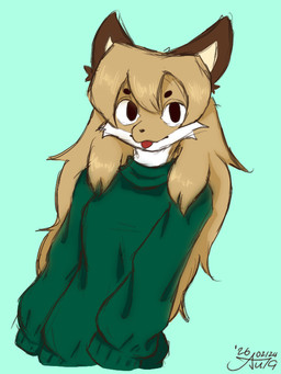 anthro big_ears biped blep blonde_hair blue_background brown_body brown_ears brown_eyebrows brown_fur cheek_tuft clothing ear_tuft eyebrows facial_tuft female from_front_position fur green_clothing green_sweater green_topwear hair long_hair looking_at_viewer oversized_clothing oversized_sweater oversized_topwear simple_background snout solo standing sweater text tongue tongue_out topwear tuft white_body white_fur white_sclera yellow_body yellow_fur aurum79 conditional_dnp averi_(fiddleafox) canid canine fox mammal red_fox true_fox 2026 3:4 artist_name digital_drawing_(artwork) digital_media_(artwork) half-length_portrait portrait signature