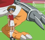 bottomwear clothing duo footwear male shorts soccer socks sport sportswear uniform young kitsune2000 bandai_namco digimon taichi_kamiya digimon_(species) human mammal metalgreymon