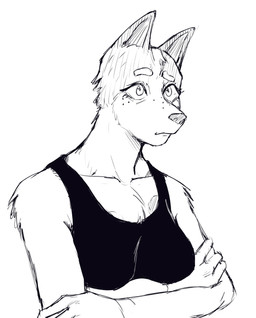 anthro arm_tuft bare_shoulders breasts cheek_tuft chest_tuft clothed clothed_anthro clothed_female clothing collarbone crossed_arms eyebrows eyelashes facial_tuft female fingers freckled_face freckles fur fur_tuft glistening glistening_eyes hands_on_arms hands_on_own_arms head_tuft humanoid_hands iris looking_forward markings mature_anthro mature_female medium_breasts mouth_closed pointy_ears prick_ears pupils shirt snout solo spots spotted_body spotted_chest spotted_fur tank_top thick_eyebrows three-quarter_view topwear tuft xthe_real_cjx bluey_(series) trixie_heeler australian_cattle_dog canid canine canis cattledog domestic_dog herding_dog mammal pastoral_dog 2024 black_and_white digital_drawing_(artwork) digital_media_(artwork) half-length_portrait hi_res monochrome portrait sketch