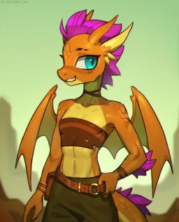 anthro armband athletic belt bottomwear choker cliff clothed clothing day detailed_background female flat_chested hair horn jewelry midriff necklace orange_body orange_scales outside pants purple_hair scales solo standing teal_eyes wings saturncat friendship_is_magic hasbro my_little_pony mythology smolder_(mlp) dragon mythological_creature mythological_scalie scalie 2025 absurd_res hi_res