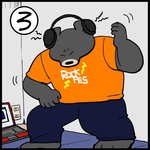 anthro black_body black_fur black_nose bottomwear clothing computer detailed_background electronics eyes_closed fur headphones humanoid_hands listening_to_music pants shirt solo text topwear yuumin148 bear black_bear mammal moon_bear ursine 1:1 2020 japanese_text