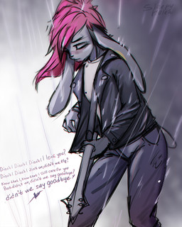 anthro biped black_clothing black_jacket black_topwear bottomwear breasts clothing denim denim_bottomwear denim_clothing electric_guitar eyes_closed female guitar hair jacket jeans leather leather_clothing leather_jacket leather_topwear musical_instrument pants pink_hair plucked_string_instrument raining solo standing string_instrument text topwear sleepyhelen lagomorph leporid mammal rabbit 2022 4:5 english_text