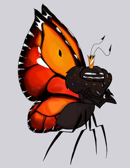 2_antennae 4_legs 4_wings ambiguous_gender antennae_(anatomy) arthropod_abdomen big_wings black_antennae black_body crossed_arms eyespots fur grey_background grumpy insect_wings lepidopteran_wings markings monotone_background monotone_body multi_wing multicolored_body multicolored_fur orange_wings pupils quadruped ruff simple_background small_pupils solo standing teeth three-quarter_view wing_markings wings glean143466 disney hoppers_(disney) pixar titus_(hoppers) arthropod butterfly insect lepidopteran taur description_check description_request korean_description