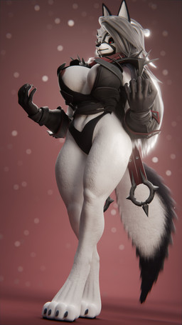 anthro areola armor big_breasts breasts clothing female fur gloves grey_hair hair handwear long_hair low-angle_view nipples pauldron pupils red_sclera simple_background slit_pupils solo standing tail thick_thighs white_body white_fur wide_hips thevercetti dogzeela_(modeler) hellaverse helluva_boss marvel marvel_rivals mythology loona_(helluva_boss) malice_loona_(mangakitsune2) canid canid_demon canine demon hellhound mammal mythological_canine mythological_creature 3d_(artwork) 4k 9:16 absurd_res digital_media_(artwork) hi_res